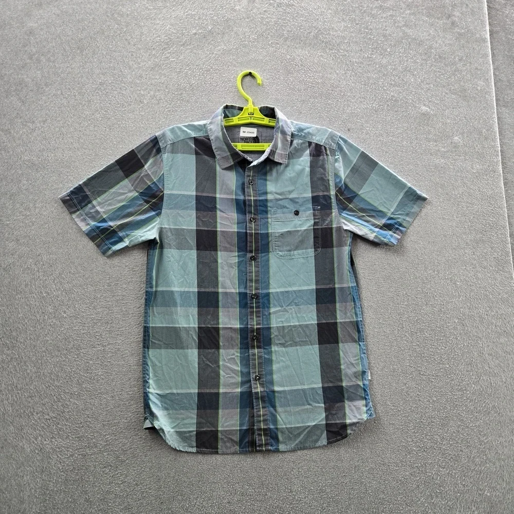 The North Face Men‎ Button Up Shirt S Blue Tartan Plaid Short Sleeve Logo Casual